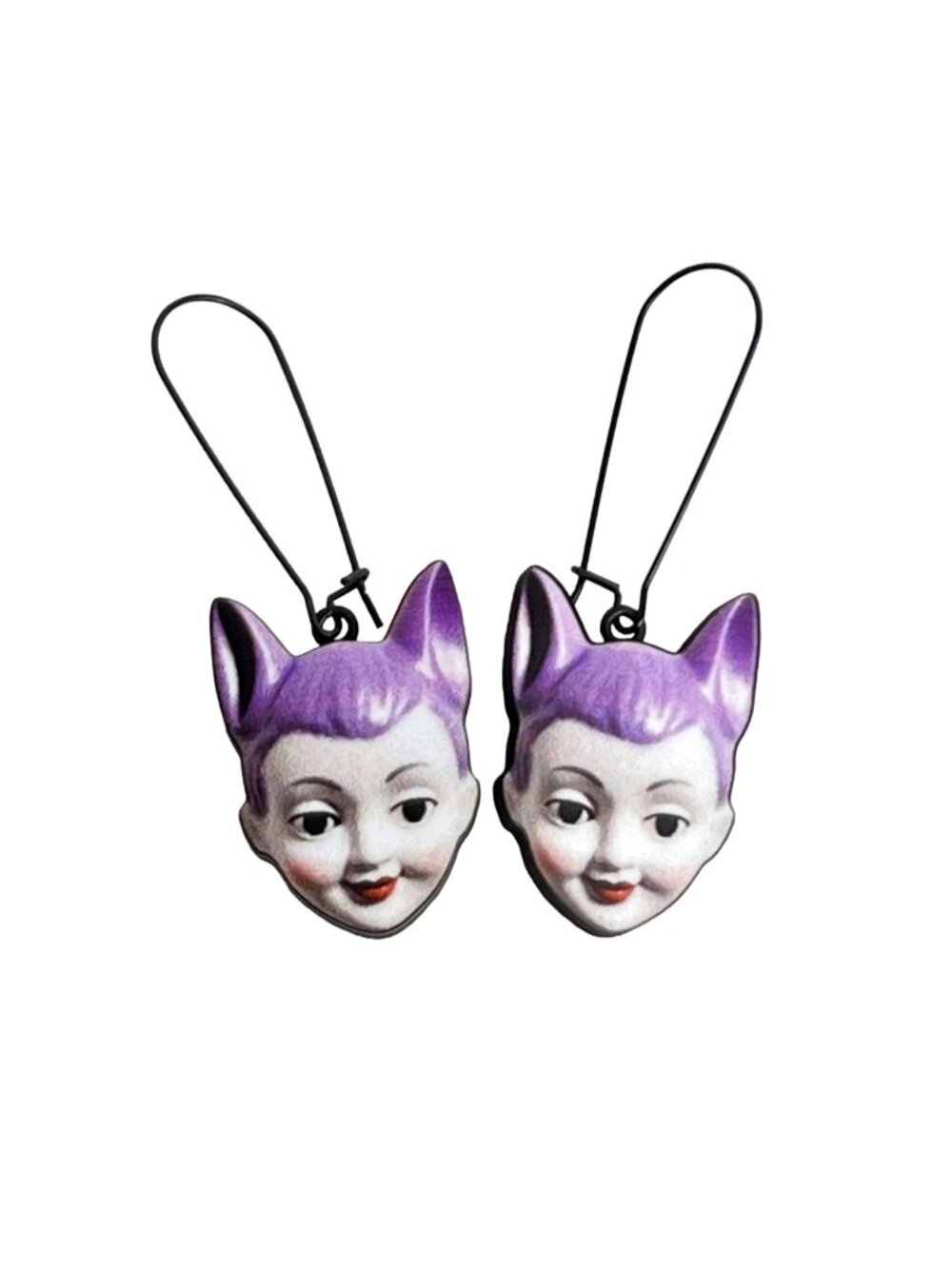 Vintage Style Kitsch Doll Head with Purple Cat Ears Wood Earrings Creepy-Cute